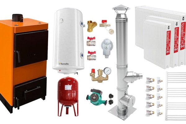 Pachet Cazan (centrala) pe combustibil solid, (lemn, carbune), Fiama W, 25 kW, Cos inox, Radiatoare Otel, Boiler Termoelectric, Vas Expansune, Pompa si Fitinguri Montaj