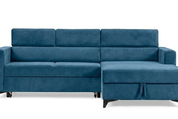 Colțar Extensibil MIZZONI, cu lada depozitare, tetiere reglabile, 250 x 175 x 94 cm, varianta pe dreapta, Albastru Denim, Outlet
