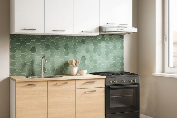 Set de Bucatarie GERMANIA 180 cm, 5 Corpuri cu Sertar, Blat Gros Sonoma si Alb