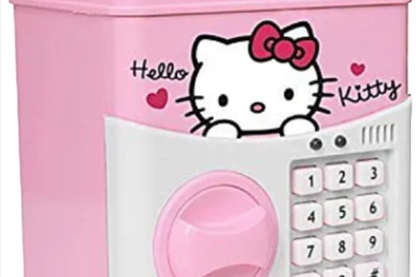 Pusculita pentru copii cu functie ATM cod pin si seif Roz/Alb Hello Kitty