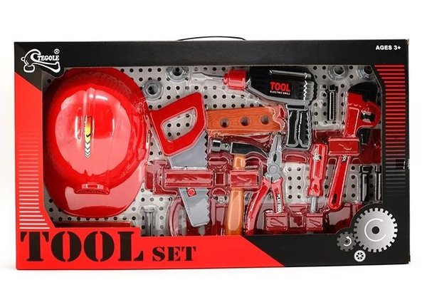 Set Unelte pentru Copii Tegole cu Masina de Gaurit si Casca, 3 ani+, Multicolor