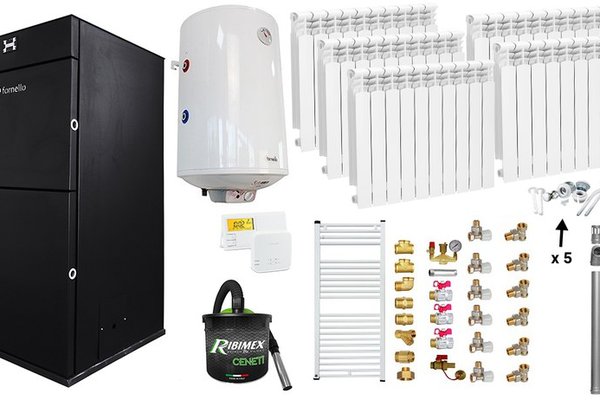 Pachet Centrala peleti Fornello Pellet King 25 kw, complet echipata, pompa circulatie, vas expansiune, automatizare, Calorifere aluminiu, Boiler, kit evacuare 3.5 ml, Aspirator Cenusa, Termostat Salus 091FLRFV2 si Fitinguri
