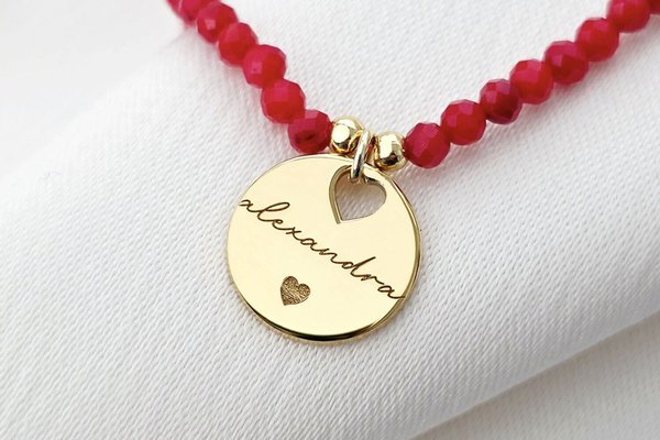 Lantisor Love Name - Pietre Coral & Pandantiv cu Nume si Inima - Argint placat cu Aur Galben 18K