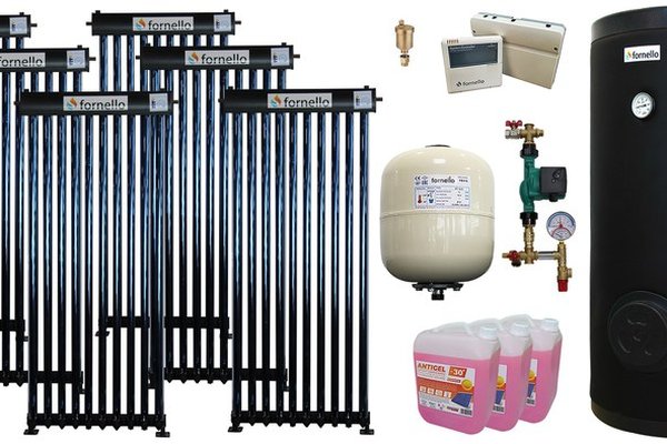 Pachet sistem solar presurizat, panou Fornello 60 Tuburi Heat Pipe, Boiler cu 2 serpentine Fornello SOL 500 LT 2S, controller, vas expansiune, grup pompare, aerisitor 1/2, antigel