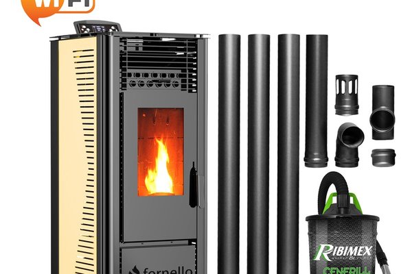 Pachet Incalzire Semineu Pe Peleti Fornello SOPHIA WI-FI 11 kW cu Aspirator si Kit Evacuare 3,5m, Telecomanda, Culoare Ivory