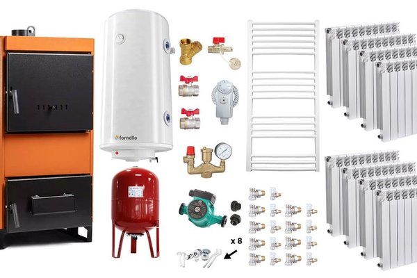 Pachet Complect Incalzire Fiama W 45 kW cu Calorifere Fornello Alvo, Boiler Termoelectric si Accesorii