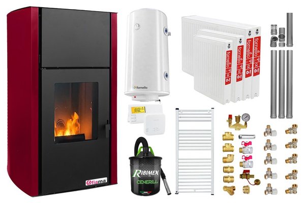 Pachet de incalzire Fornello Fiama Confort 25 kW, Bordeaux, cu radiatoare, boiler de 100 l, termostat, aspirator si kituri de montaj