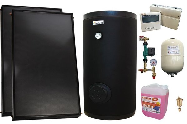 Pachet sistem solar presurizat, 2 x Panou solar plan Fornello 2.0 m² SPFP, Boiler cu 2 serpentine FORNELLO SOL 200 LT 2S, grup pompare, controller, vas expansiune, antigel, aerisitor 1/2, supapa 1/2