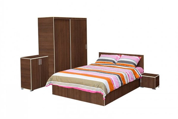 Set dormitor CORINNE, 5 piese, pat 160x200 cm, dulap usi glisante, 2 noptiere, comoda, nuc, cant vanilie