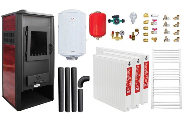 Pachet incalzire si apa calda pentru 2 camere Termosemineu pe lemne, brichete si carbune Fornello Roma E, 22 kW, 49x45x103 cm, boiler termoelectric 100l, vas expansiune, pompa circulatie, kit evacuare, calorifere si kit montaj