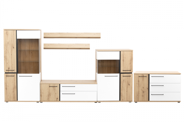 Living MOLTO Z.A, 5 corpuri si Comoda ML12, cu usa si 3 sertare, corp artisan, fronturi MDF artisan + alb, 466x53x201 cm