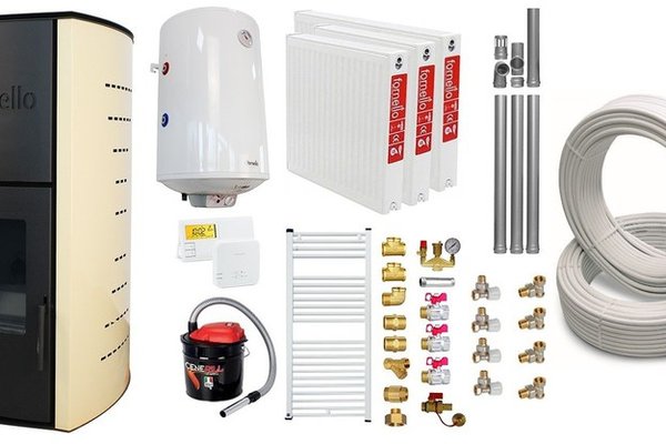 Pachet Termosemineu pe peleti Fornello Michelle 12 kW, echipat cu pompa, teava hidronix, vas expansiune, automatizare, Boiler, kit evacuare 3.5 ml, Aspirator Cenusa, Termostat Salus 091FLRFV2, Calorifere si Fitinguri