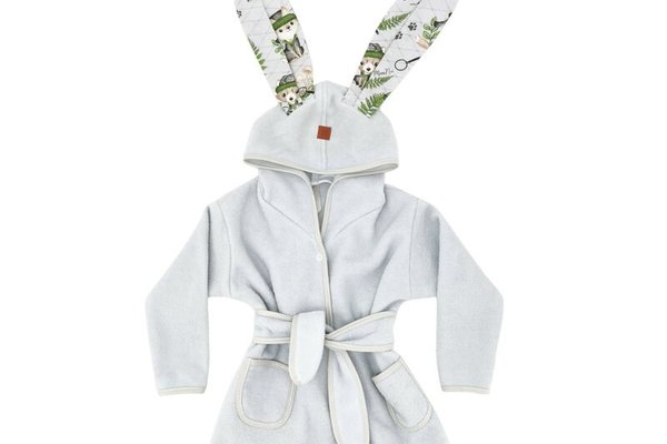 Halat de baie MimiNu cu urechi pentru copii 2-5 ani, din bumbac si thermo fleece, cu buzunare si cordon, colectia Detective Natural