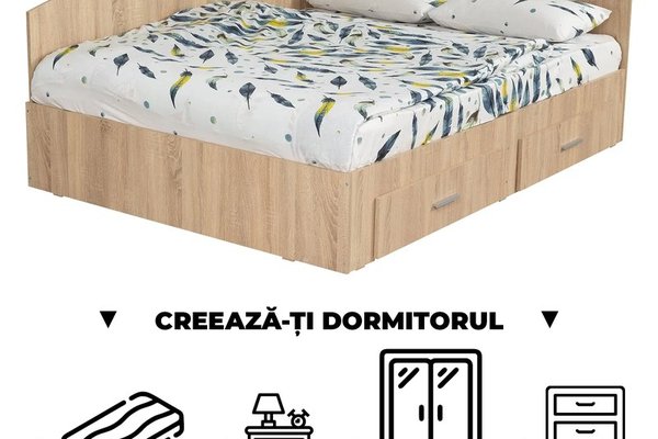 Creeaza-ti Dormitorul ALMA, sonoma deschis, de la Pat Colt Alma 140x200 cm, cu 2 sertare laterale pe role, adauga Saltea, Noptiere, Comoda, Dulap