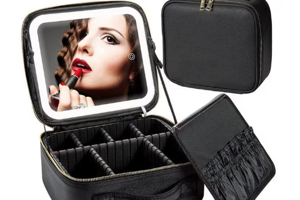 Geanta de cosmetice cu oglinda LED si compartiment pentru pensule