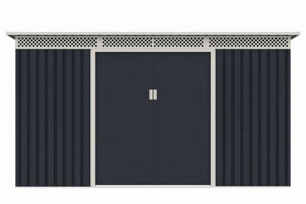 Căsuță de grădină metalică premium MESTERINO Bella-C, Gri/Bej, 343x142x184 cm, cu uși culisante și bază metalică