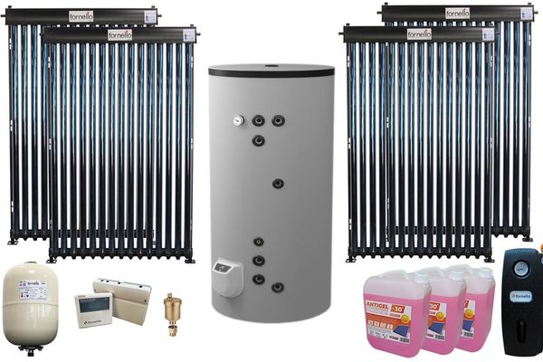 Pachet premium sistem solar presurizat, Fornello 4 x 15 Tuburi Heat Pipe, Boiler cu 2 serpentine Eldom FV50080S21, 9000 W, 500 l, controller, vas expansiune, grup pompare, aerisitor 1/2, antigel