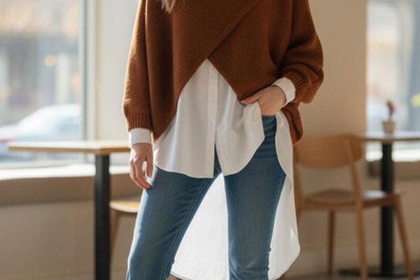 Pulover asimetric tip poncho cu lana, caramiziu, maneci fluture