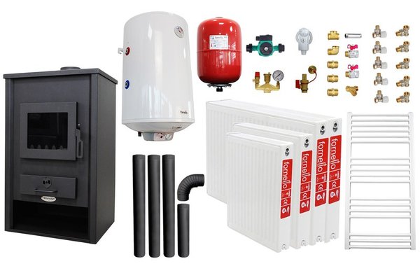 Sistem de incalzire si apa calda pentru 3 camere - Termosemineu pe lemne Fornello PADOVA E, 19.4 kW, 80l boiler, kit complet