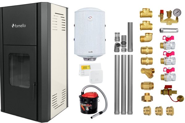 Pachet Termosemineu peleti Fornello Primo Pellet Ivory 30 kw, complet echipat pentru incalzire, pompa, vas expansiune, automatizare, kit evacuare 3.5 ml, Boiler Termoelectric Fornello 100 l, Termostat Salus 091FLRFV2, Aspirator si kit montaj