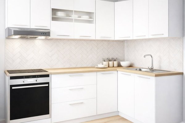 Set de Bucatarie Coltar GERMANIA 240 x 140 cm, 9 Corpuri, Cuptor, Blat Gros, Alb cu Soft-Close