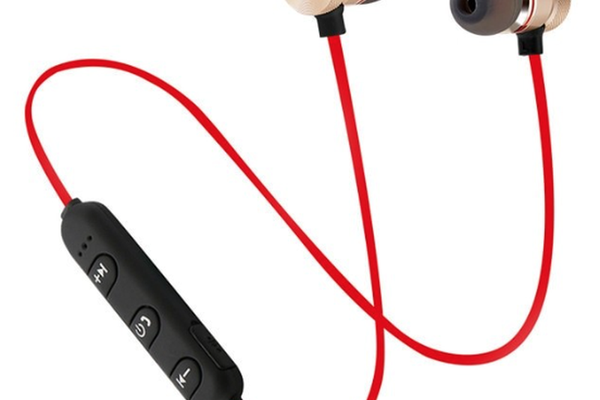 Casti audio Bluetooth sport stereo cu suport magnetic rosu auriu