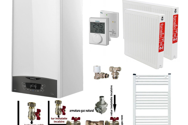 Pachet de incalzire pentru apartament cu 1 camera, Ariston CLAS ONE+ WI-FI 24 kW, termostat si calorifere din otel