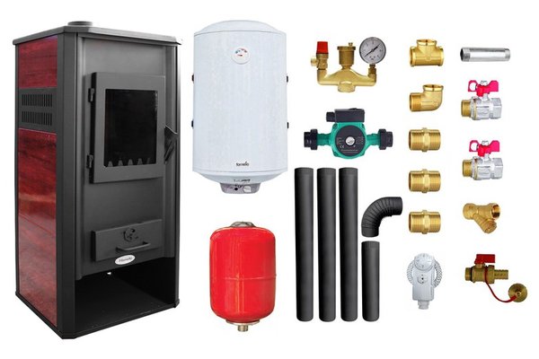 Pachet Termosemineu pe lemne, brichete si carbune Fornello Roma E, Bordeaux, 22 kW, 49x45x103 cm, boiler termoelectric 100l, vas expansiune, pompa circulatie, kit evacuare si kit montaj