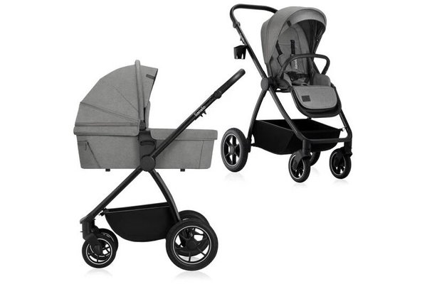 Carucior 2 in 1 Lionelo Meril, cu landou si scaun cu dimensiune XL, reversibil, sistem de ventilatie 3D, accesorii, pana la 22 kg, vonform cu EN1888-1 EN1888-2, EN1466, Gri