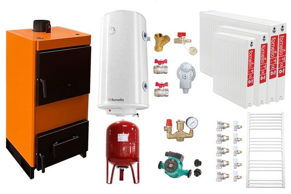 Pachet Cazan (centrala) pe combustibil solid, (lemn, carbune), Fiama W, 25 kW, Radiatoare Otel, Boiler Termoelectric, Vas Expansune, Pompa si Fitinguri Montaj