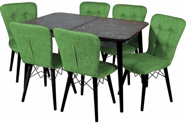 Set masa extensibila cu 6 scaune tapitate Homs cristal  negru-verde 170 x 80 cm
