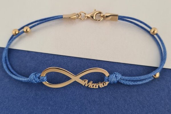 Bratara Infinit cu 1 nume decupat si 4 bilute de 4 mm - Argint 925 placat cu Aur Galben 18K - Snur dublu rezistent si inchizatoare tip carabina