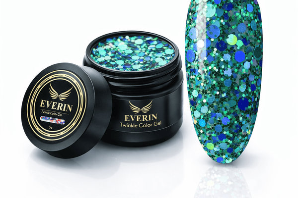 Twinkle Color Gel EVERIN 5ml – 23 | Gel Color Verde-Albastru cu Sclipici Holografic pentru Manichiură Profesională