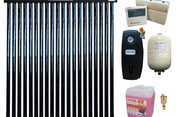 Pachet Panou solar presurizat cu tuburi vidate Heat Pipe Fornello 20 tuburi, destinat producerii de apa calda menajera, controller, vas expansiune, grup pompare, aerisitor 1/2, antigel