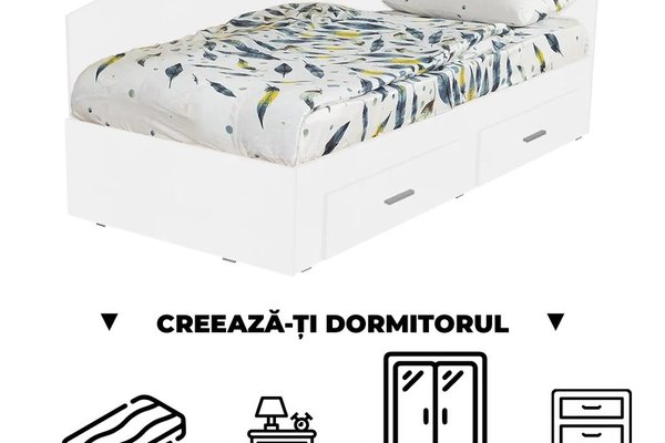 Creeaza-ti Dormitorul ALMA, alb, de la Pat Colt 120x200 cm, cu 2 sertare laterale pe role, adauga Saltea, Noptiere, Comoda, Dulap
