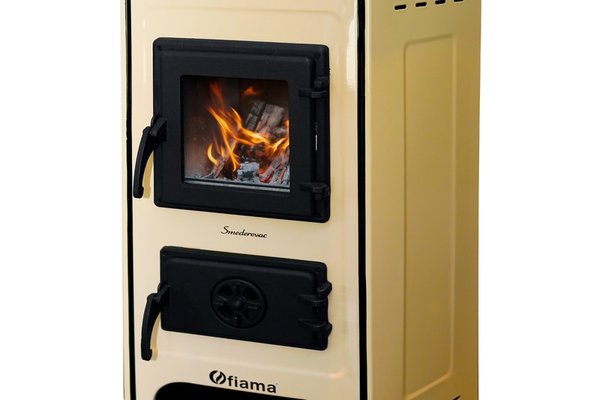 Semineu Fiama SD CORNER cu Plita din Fonta, 6 kW, Crem, pentru Lemne si Carbune