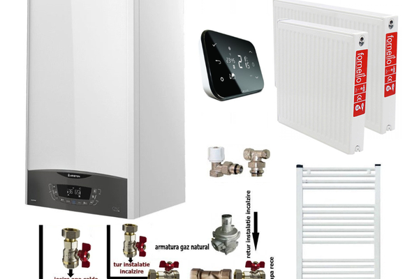 Pachet complet pentru apartament cu centrala Ariston CLAS ONE+ WI-FI 24, 24 kW, termostat Salus IT 500 si calorifere din otel