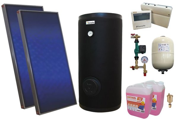 Pachet sistem solar presurizat, 2 panouri solare plane Sunsystem PК SL FP 2.0, Boiler cu 2 serpentine Fornello SOL 200 LT 2S, controller, vas expansiune, grup pompare, aerisitor 1/2, antigel 