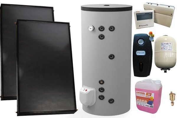PPachet premium sistem solar presurizat, 2 x Panou solar plan Fornello 2.0 m² SPFP, Boiler cu 2 serpentine si rezistenta electrica Eldom FV20060S21 de 200 l, grup pompare, controller, vas expansiune, antigel, aerisitor 1/2