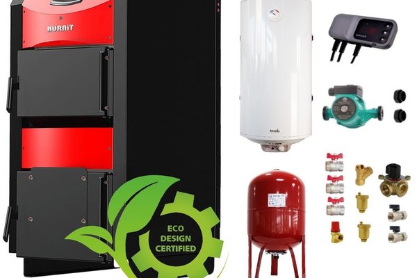 Pachet Centrala pe combustibil solid ​Sunsystem Burnit NWB PRIME 40 kW, boiler termoelectric, vas expansiune, pompa circulare, controller pompa, fitinguri montaj