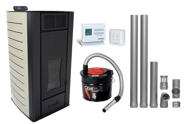 Pachet Termosemineu centrala pe peleti Fornello Premium W22, 22 kw, culoare Ivory, complet echipat cu kit evacuare 2.5 ml, Termostat Radio Comanda Computherm Q3 RF, Aspirator Cenusa, suprafata incalzita pana la 150 mp