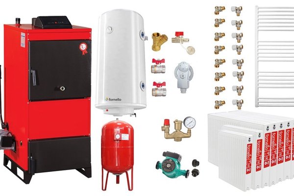 Pachet centrala pe combustibil solid Fiama D2-60, 70 kW, cu ventilator, automatizare, radiatoare si boiler