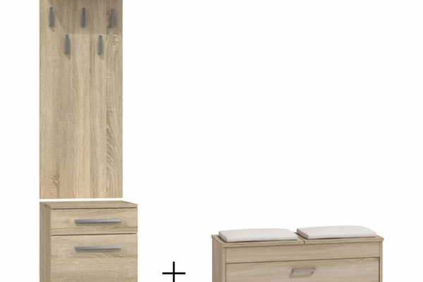 Cuier BANGOR, cu lada si sertar, 50x35x181 cm + Pantofar LORCA, 3 rafturi, 100x38x46 cm, sonoma deschis