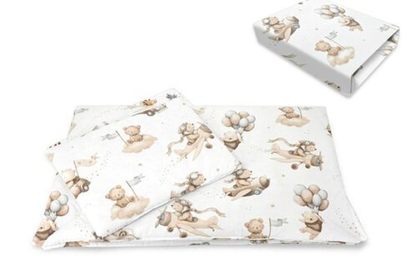 Set lenjerie pentru patut Qmini Aurora, 3 piese, co-sleeper, bumbac Oeko Tex, Teddy Explorer Beige