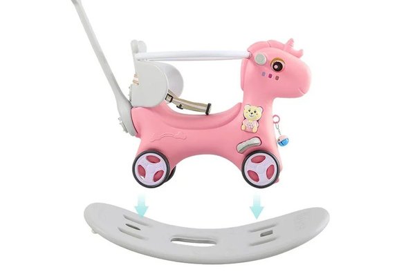 Balansoar 3 in 1 Nichiduta Garden Happy Unicorn Pink transformabil in vehicul fara pedale cu maner parental,roti EVA,centuri de siguranta,jucarie muzicala,spatar si bara de siguranta detasabile