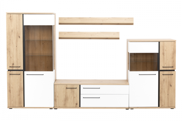 Living MOLTO Z.A, 5 corpuri, corp artisan, fronturi MDF artisan + alb, 336x53x201 cm