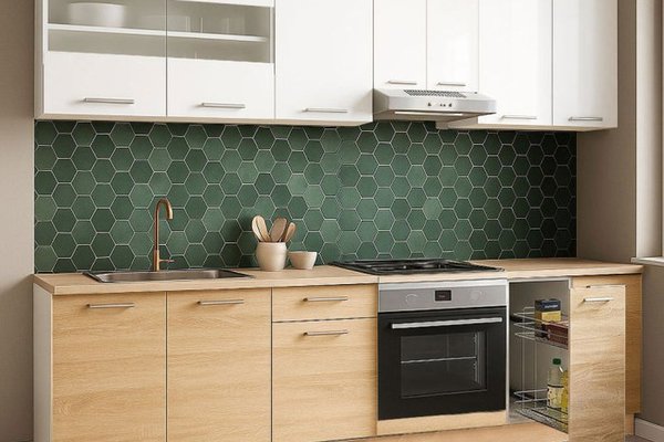 Set de bucatarie GERMANIA 240 cm, 9 corpuri, cuptor si Jolly, blat gros sonoma + alb