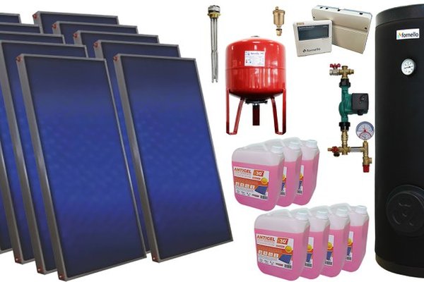 Pachet sistem solar presurizat, 10 panouri solare plane Sunsystem PК SL FP 2.0, Boiler cu 2 serpentine Fornello SOL 1000 LT 2S, controller, vas expansiune, grup pompare, aerisitor 1/2, antigel