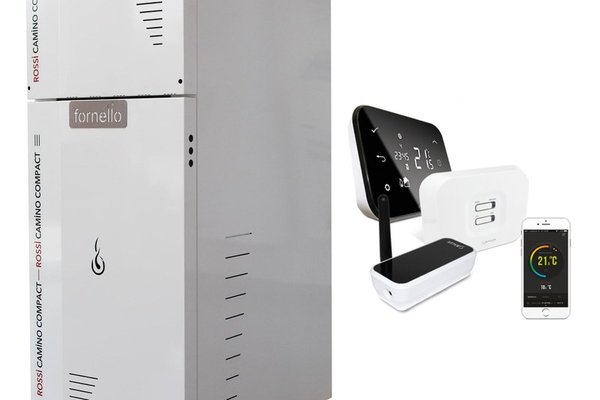 Pachet control de la distanta Centrala termica compacta pe peleti Fornello Rossi Camino Compact 25 kw, pompa, vas expansiune, tiraj fortat, arzator inox, si termostat Wi-Fi Salus IT 500