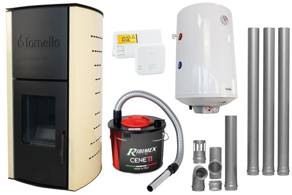 Pachet Termosemineu pe peleti Fornello Michelle 12 kW, echipat cu pompa, vas expansiune, automatizare, Boiler, kit evacuare 3.5 ml, Aspirator Cenusa si Termostat Salus 091FLRFV2